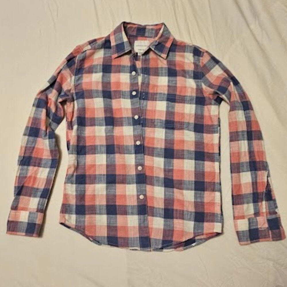 American Eagle Men’s Plaid Button Up Shirt – Blue & Rust – Size XS – 100% Cotton